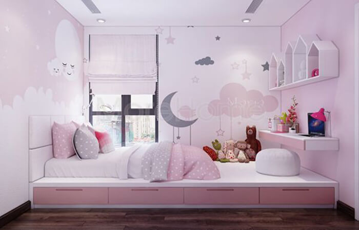 Với những giấy dán tường có họa tiết tinh tế và sắc sảo, phòng ngủ con gái của bạn sẽ trở nên đầy màu sắc và nữ tính hơn. Hãy để cho giấy dán tường giúp cho không gian phòng ngủ trở nên thật đặc biệt và đem lại cho con gái của bạn những giấc ngủ thật ngọt ngào.